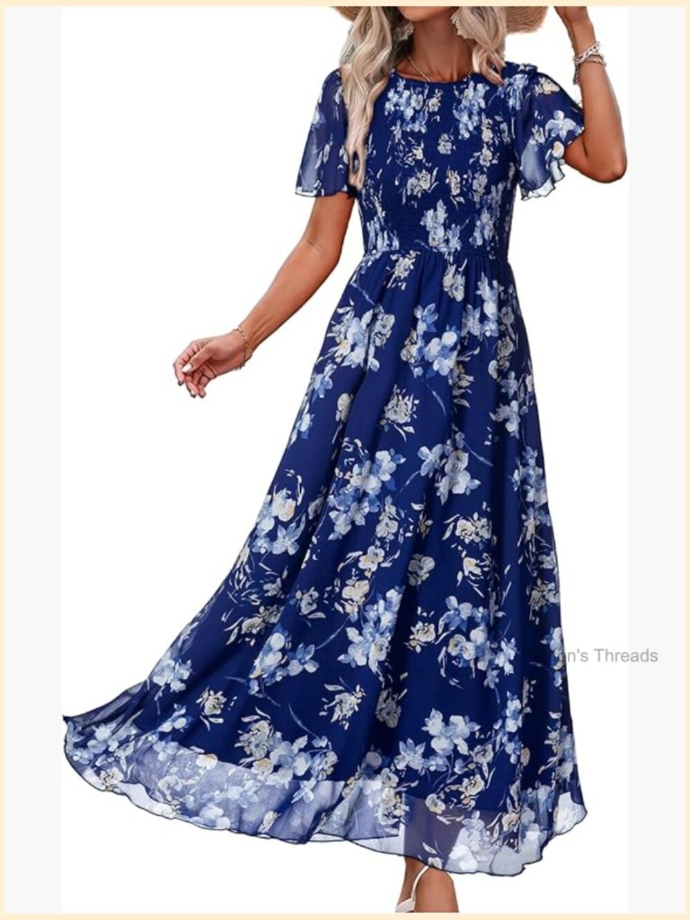 Women's Chiffon Floral Maxi Dress with Smocked Top
